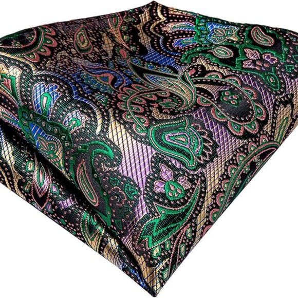 Silk Paisley Necktie and Pocket Square Cufflinks Set Green - Picture 6 of 6